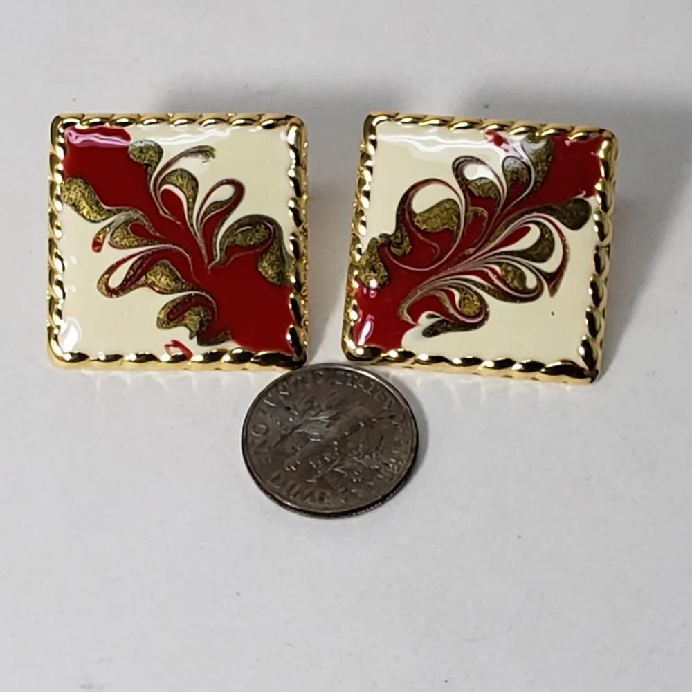 Women's Stunning Gold tone Multi-color Square Stud Earrings - Eye-Catching, RED - Picture 6 of 7